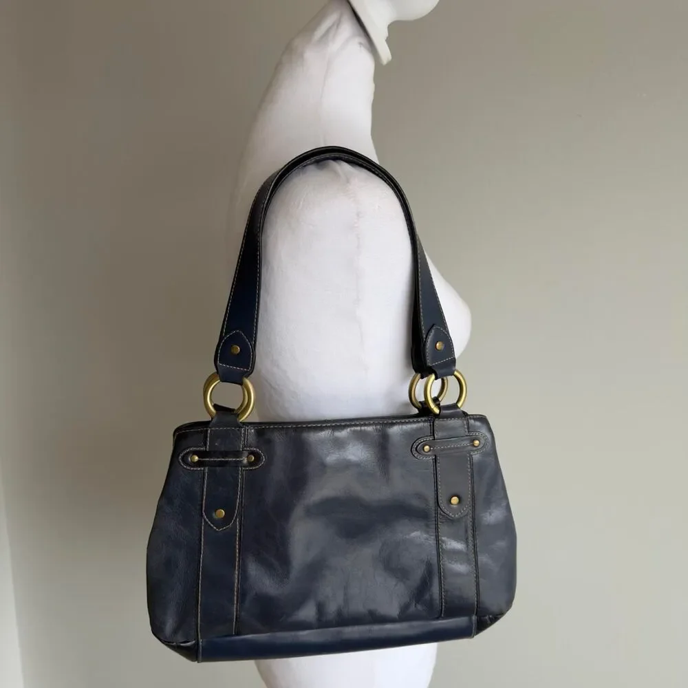 Worthington VTG Navy Leather Hobo Shoulder Handbag Purse Gold Hardware Y2K Boho